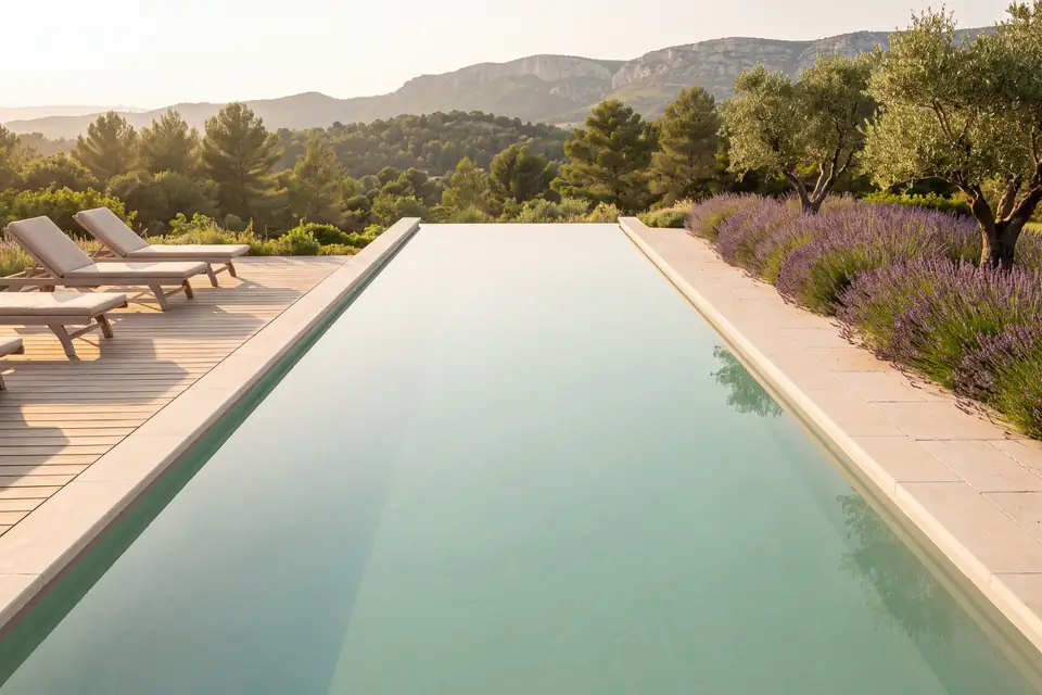 Infinity edge pool with a wooden deck, facing the hills at sunset
