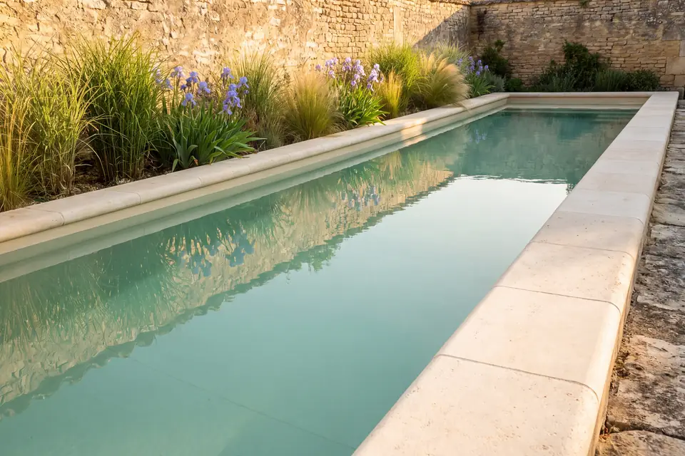 Landscape pool with banks planted with grasses and irises, along a stone wall