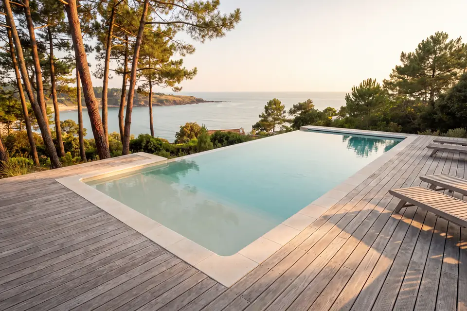 Infinity edge pool on a wooden deck under pine trees, facing the sea