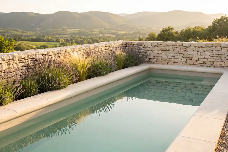 Landscape pool edged with dry stone and grasses, overlooking the hills